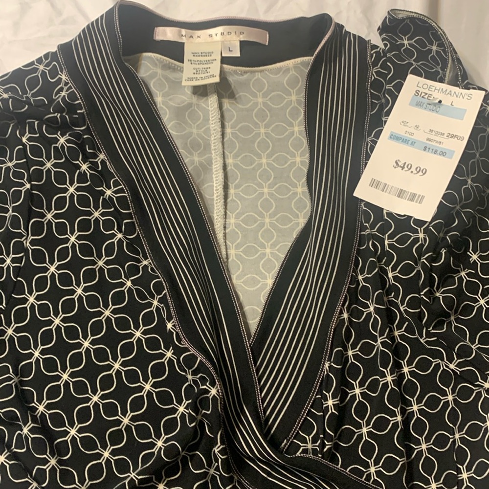 Max Studio Black and White Long Sleeve Wrap Dress